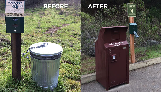 Before and after photos of old and new dog waste containers