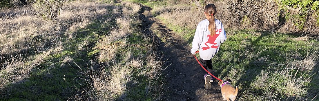 Girl walking dog on trail in Terra Linda